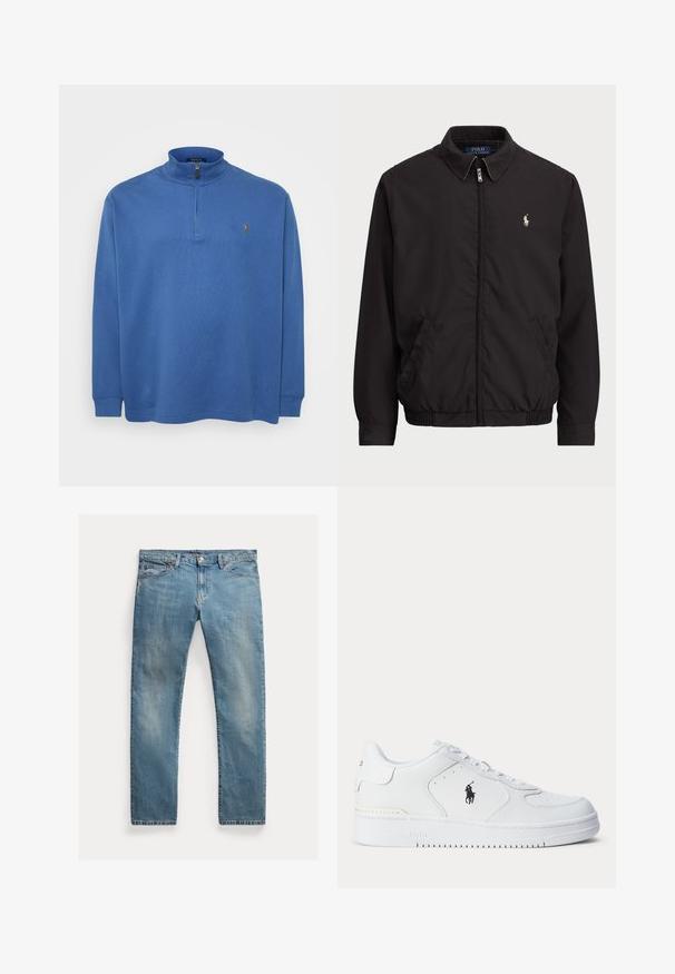 Črna jakna z zadrgo in klasičnim ovratnikom, z elastiko na manšetah in robu, ki ima majhen vezen logotip na levem žepu.; Modra zip-up pulover iz mehkega materiala z dolgimi rokavi, visokim ovratnikom in majhnim logotipom na prsih. Čez celotno površino ima teksturirano zasnovo.; Svetlo modri jeans s ravnim krojem, z gumbi za zapiranje, petimi žepi, subtilnim zbledelostjo in šivi. ; Bela športna čevelj s teksturirano usnjeno zgornjico, okroglo konico, ravnimi vezalkami in črnim logotipom na strani. Gumijast podplat z vzorcem za oprijem.