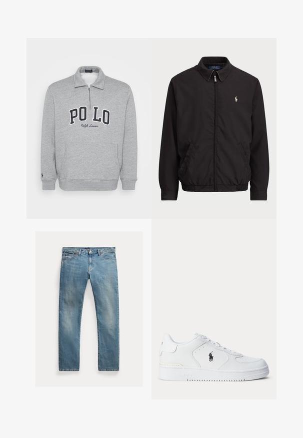 Casaco preto com fecho zip, com colarinho clássico, punhos e bainha elásticos, apresentando um pequeno logótipo bordado no bolso esquerdo do peito.; Sweatshirt cinza com fecho éclair, gola alta e lettering bordado em azul marinho "PO LO" na parte da frente. Apresenta bolsos laterais e punhos canelados.; Jeans de denim azul claro com corte reto, fecho de botão, cinco bolsos, desbotamento subtil epontos de costura.; Sapatilha atlética branca com parte superior em couro texturizado, biqueira redonda, atacadores planos e um logótipo preto na lateral. Sola de borracha com padrão de tração.