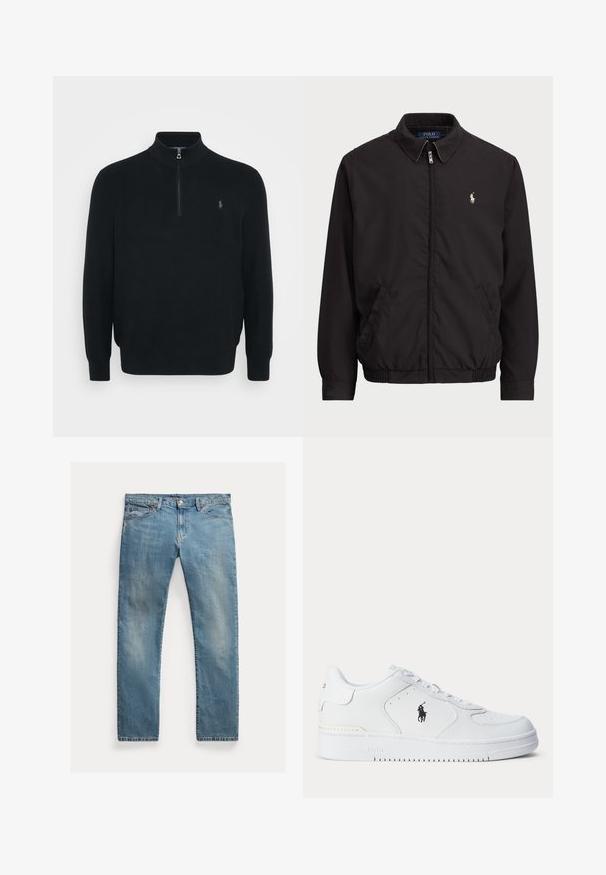 Juodas zip-up džemperis su klasikiniu apykakle, elastingomis rankogaliais ir apačia, su mažuoju siuvinėtu logotipu kairiajame krūtinės kišenėje.; Polo Ralph Lauren Big & Tall MESH-KNIT COTTON QUARTER-ZIP JUMPER - Džemperis - black; Šviesiai mėlynos džinsinės kelnės su tiesia kirpimu, mygtukų užsegimu, penkiais kišenėmis, švelnia nublukimu ir siūlų akcentais.; Balti sportiniai batai su tekstūruota odine viršutine dalimi, apvalia nosimi, plokščia raištelių sistema ir juodu logotipu šone. Guminis padas su sukibimo raštu.