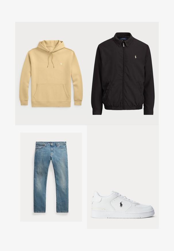 Svart zip-jacka med klassisk krage, elastiska ärmslut och nederkant, med en liten broderad logotyp på vänster bröstficka.; Huvtröja i ljusbeige, blandning av bomull. Har en känguruficka, justerbara dragkedjor och en liten logotyp på bröstet.; Ljusblå denimjeans med rak passform, knäppning med knapp, fem fickor, subtila blekningar och sömnadsdetaljer.; Vitt sportskor med strukturerad läderöverdel, rund tå, platta snören och en svart logotyp på sidan. Gummisula med mönster för grepp.