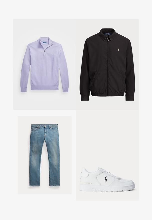 Juodas zip-up džemperis su klasikiniu apykakle, elastingomis rankogaliais ir apačia, su mažuoju siuvinėtu logotipu kairiajame krūtinės kišenėje.; Šviesiai purpurinis megztinis su ketvirtadaliu užtrauktuku, su pūkuotomis rankovėmis ir apačia; ant krūtinės yra mažas logotipas.; Šviesiai mėlynos džinsinės kelnės su tiesia kirpimu, mygtukų užsegimu, penkiais kišenėmis, švelnia nublukimu ir siūlų akcentais.; Balti sportiniai batai su tekstūruota odine viršutine dalimi, apvalia nosimi, plokščia raištelių sistema ir juodu logotipu šone. Guminis padas su sukibimo raštu.