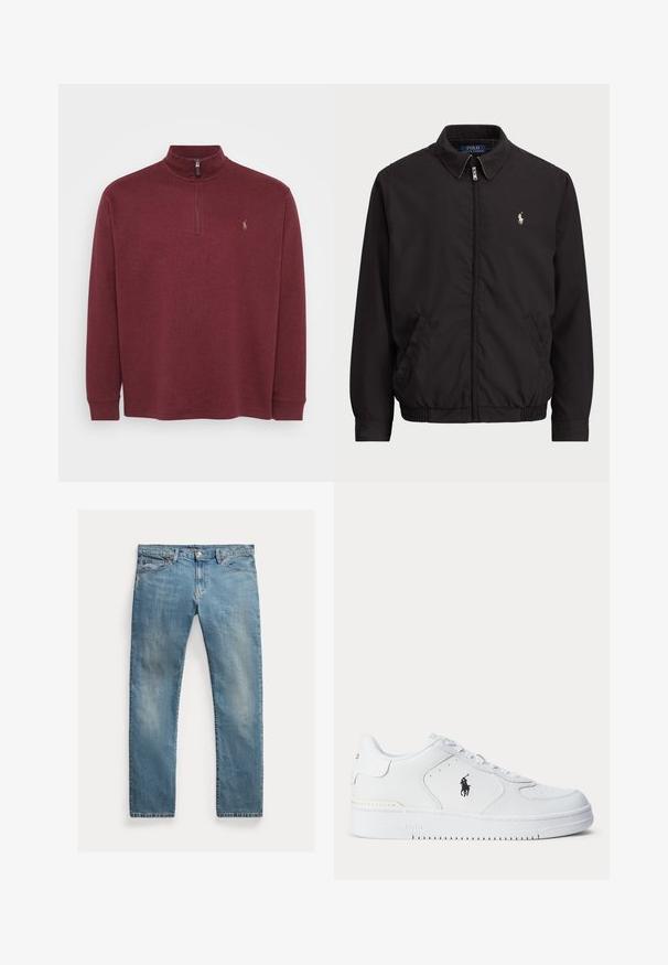 Juodas zip-up džemperis su klasikiniu apykakle, elastingomis rankogaliais ir apačia, su mažuoju siuvinėtu logotipu kairiajame krūtinės kišenėje.; Bordo ilga rankovė purškiamoji su ketvirčio užtrauktuku ant kaklo ir gumuotomis rankovėmis. Pirmo lygio logotipas krūtinėje. Minkšta, tekstūruota medžiaga.; Šviesiai mėlynos džinsinės kelnės su tiesia kirpimu, mygtukų užsegimu, penkiais kišenėmis, švelnia nublukimu ir siūlų akcentais.; Balti sportiniai batai su tekstūruota odine viršutine dalimi, apvalia nosimi, plokščia raištelių sistema ir juodu logotipu šone. Guminis padas su sukibimo raštu.