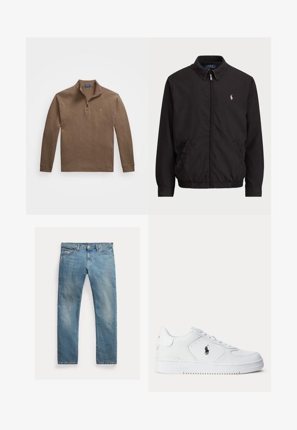 Svart zip-jacka med klassisk krage, elastiska ärmslut och nederkant, med en liten broderad logotyp på vänster bröstficka.; Brun heren sweater med zipkrage. Ribbad mudd, mjuk textur och liten logotypdetalj på bröstet. Tillverkad av en bomullsblandning.; Ljusblå denimjeans med rak passform, knäppning med knapp, fem fickor, subtila blekningar och sömnadsdetaljer.; Vitt sportskor med strukturerad läderöverdel, rund tå, platta snören och en svart logotyp på sidan. Gummisula med mönster för grepp.