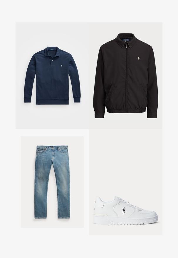 Casaco preto com fecho zip, com colarinho clássico, punhos e bainha elásticos, apresentando um pequeno logótipo bordado no bolso esquerdo do peito.; Polo de manga longa azul marinho em mistura de algodão suave. Apresenta colarinho clássico, punho de dois botões e logotipo bordado no peito.; Jeans de denim azul claro com corte reto, fecho de botão, cinco bolsos, desbotamento subtil epontos de costura.; Sapatilha atlética branca com parte superior em couro texturizado, biqueira redonda, atacadores planos e um logótipo preto na lateral. Sola de borracha com padrão de tração.