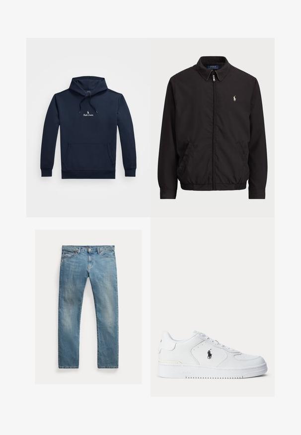 Čierna zipsová bunda s klasickým golierom, elastickými manžetami a leme, s malým vyšitým logom na ľavej náprsnej vrecku.; Námornícky modrá mikina s kapucňou, predná vrecko na ruky, nastaviteľná šnúrka na kapucni a malé biele logo Ralph Lauren umiestnené na hrudi.; Svetlomodré riflové nohavice s rovnými nohavicami, zapínanie na gombíky, päť vreciek, jemné vyblednutie a akcenty v šití.; Biela športová obuv s textúrovaným koženým zvrškom, guľatou špičkou, plochými šnúrkami a čiernym logom na boku. Gumená podrážka s trakčným vzorom.