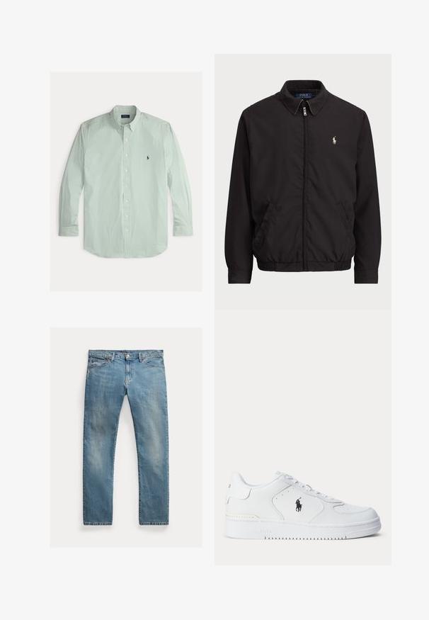 Casaco preto com fecho zip, com colarinho clássico, punhos e bainha elásticos, apresentando um pequeno logótipo bordado no bolso esquerdo do peito.; Camisa de botão de manga longa às riscas verticais em verde claro e branco, com colarinho abotoado e um pequeno logótipo bordado em azul-marinho no peito.; Jeans de denim azul claro com corte reto, fecho de botão, cinco bolsos, desbotamento subtil epontos de costura.; Sapatilha atlética branca com parte superior em couro texturizado, biqueira redonda, atacadores planos e um logótipo preto na lateral. Sola de borracha com padrão de tração.