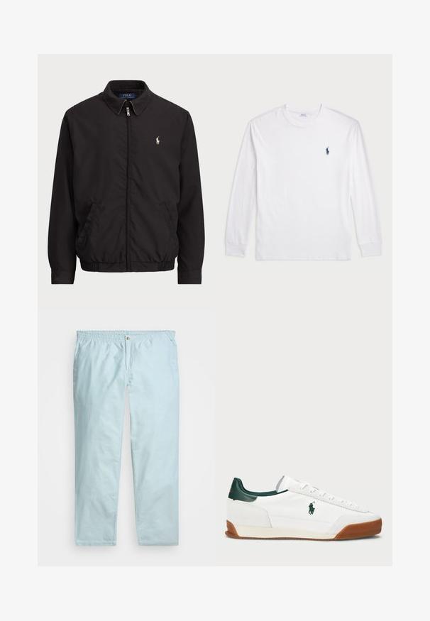 Svart zip-up jakke med klassisk krage, elastiske mansjetter og hem, med liten brodert logo på venstre brystlomme.; Hvit langermet T-skjorte laget av bomull. Har rund hals, ribbestrikkede mansjetter, og en liten marineblå polo-logo på venstre bryst.; Lyseblå bukser i bomullsblanding med elastisk linning, frontknapp og rette ben. Har subtil tekstur og sidelommer.; Hvite sneakers med grønne lærdetaljer og en tan gummisåle. Har en stoffoverdel og en fremtredende logo på siden. Snøring.