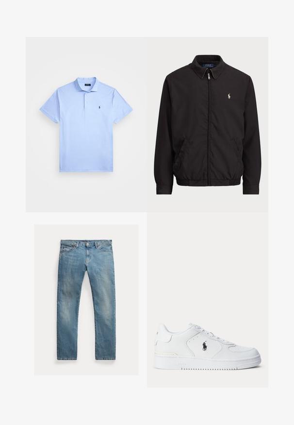 Juodas zip-up džemperis su klasikiniu apykakle, elastingomis rankogaliais ir apačia, su mažuoju siuvinėtu logotipu kairiajame krūtinės kišenėje.; Šviesiai mėlynas trumpomis rankovėmis polo marškinėliai su tekstūruota medžiaga, dviem mygtukų eilėmis, apykakle ir mažuoju tamsiu siuvinėtu logotipu ant krūtinės.; Šviesiai mėlynos džinsinės kelnės su tiesia kirpimu, mygtukų užsegimu, penkiais kišenėmis, švelnia nublukimu ir siūlų akcentais.; Balti sportiniai batai su tekstūruota odine viršutine dalimi, apvalia nosimi, plokščia raištelių sistema ir juodu logotipu šone. Guminis padas su sukibimo raštu.