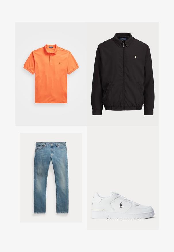 Juodas zip-up džemperis su klasikiniu apykakle, elastingomis rankogaliais ir apačia, su mažuoju siuvinėtu logotipu kairiajame krūtinės kišenėje.; Oranžinė polo marškinė, pagaminti iš medvilnės, su klasikiniais colorais, trumpomis rankovėmis ir mažu siuvinėtu logotipu kairėje krūtinės pusėje.; Šviesiai mėlynos džinsinės kelnės su tiesia kirpimu, mygtukų užsegimu, penkiais kišenėmis, švelnia nublukimu ir siūlų akcentais.; Balti sportiniai batai su tekstūruota odine viršutine dalimi, apvalia nosimi, plokščia raištelių sistema ir juodu logotipu šone. Guminis padas su sukibimo raštu.