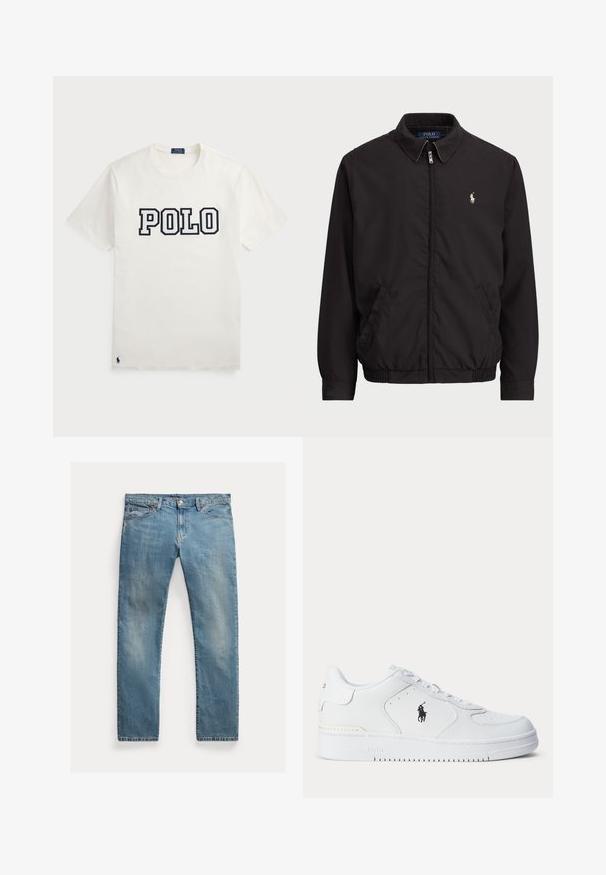 Svart zip-up jakke med klassisk krage, elastiske mansjetter og hem, med liten brodert logo på venstre brystlomme.; Hvit bomulls T-skjorte med korte ermer, med "POLO" i marineblå trykk foran og en liten marineblå logo nederst til venstre.; Lyseblå denimjeans med rett snitt, glidelås med knapper, fem lommer, subtil falming og stikningsdetaljer.; Hvit sportsko med teksturert skinnoverdel, rund tå, flate lisser og en svart logo på siden. Gummisåle med mønster for grep.