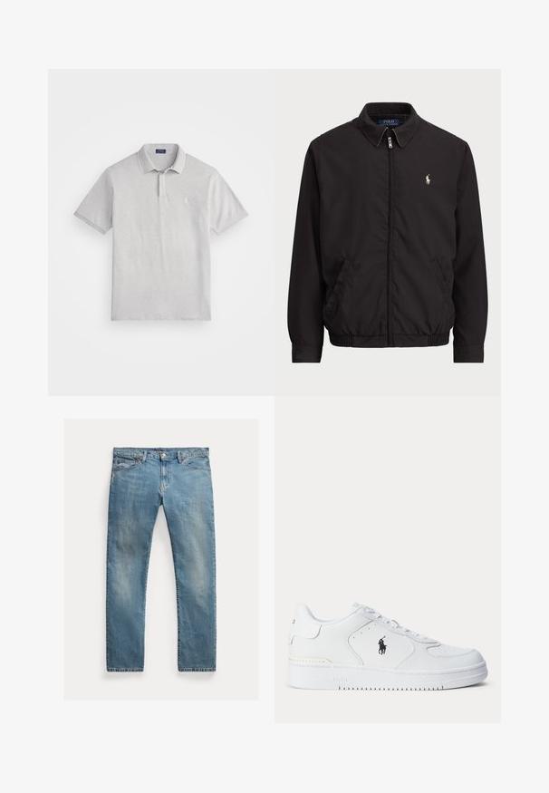 Svart zip-up jakke med klassisk krage, elastiske mansjetter og hem, med liten brodert logo på venstre brystlomme.; Lys grå poloskjorte laget av teksturert bomull med klassisk krage, to-knapps knappestolpe, og en liten brodert logo på brystet.; Lyseblå denimjeans med rett snitt, glidelås med knapper, fem lommer, subtil falming og stikningsdetaljer.; Hvit sportsko med teksturert skinnoverdel, rund tå, flate lisser og en svart logo på siden. Gummisåle med mønster for grep.