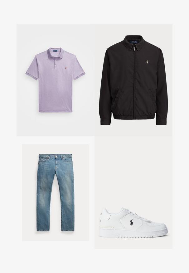 Czarna kurtka zapinana na zamek błyskawiczny z klasycznym kołnierzem, elastycznymi mankietami i dołem, z małym haftowanym logo na lewej kieszeni na klatce piersiowej.; Polo Ralph Lauren Big & Tall - Koszulka polo; Jasnoniebieskie dżinsy o prostym kroju, zapinane na guziki, z pięcioma kieszeniami, delikatnym wypłowieniem i przeszyciami.; Biały sportowy but z fakturowaną skórzaną cholewką, okrągłym noskiem, płaskimi sznurowadłami oraz czarnym logo po boku. Gumowa podeszwa z wzorem bieżnika.