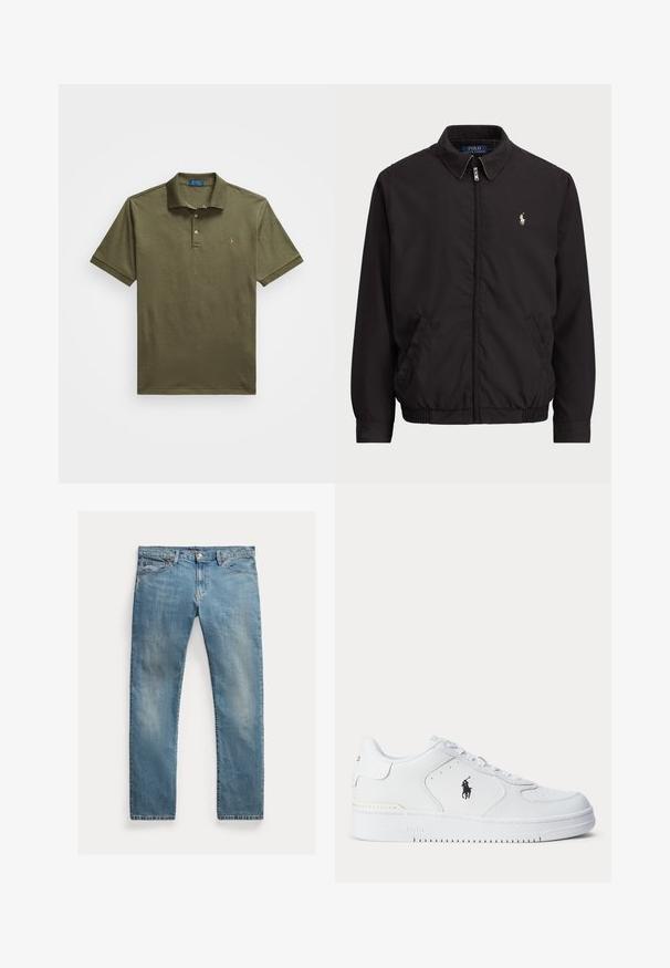 Melna aizdare uz rāvējslēdzēja jaka ar klasisku apkakli, elastīgiem piedurknēm un apakšmalu, ar mazu izšuvumu kreisajā krūšu kabatā.; Olive zaļā polo krekls, izgatavots no mīksta auduma, ar trīs pogu aizdari, īsām piedurknēm un mazu izšūtu logotipu uz krūškurvja.; Gai zilu denima bikses ar taisnu griezumu, pogu aizdari, piecām kabatām, mazu izbalējumu un piktošu akcentu.; Balts sporta apavu ar teksturētu ādas augšu, apaļu purngalu, plakaniem auklām un melnu logotipu sānos. Gumijas zolīte ar saķeres rakstu.