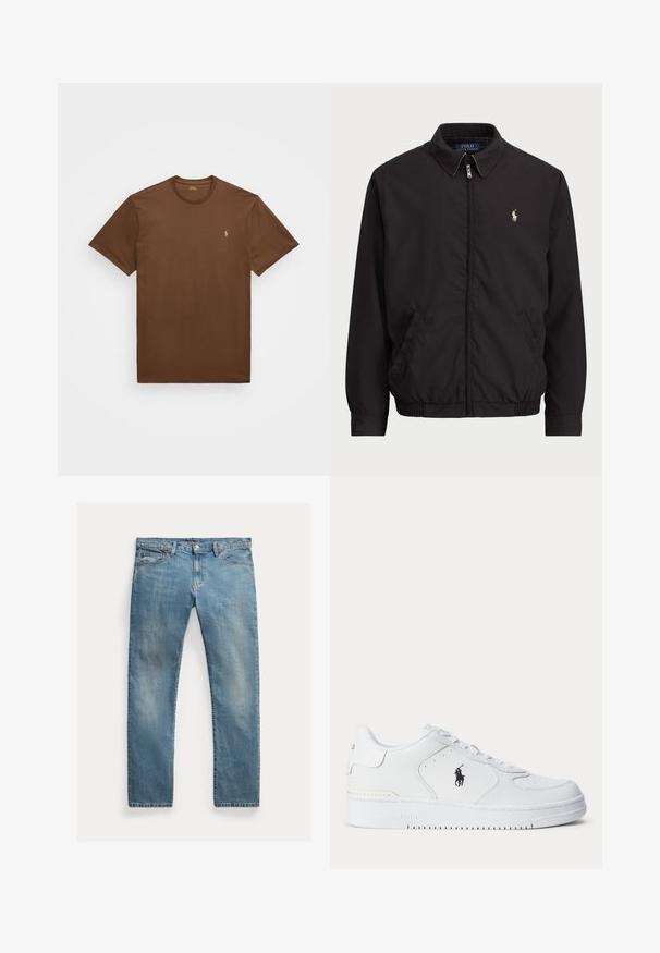 Černá zipová bunda s klasickým límcem, elastickými manžetami a lemem, s malým vyšitým logem na levé kapse.; Polo Ralph Lauren Big & Tall JERSEY CREWNECK T-SHIRT - Jednoduché tričko - pale russet; Světle modré džíny s rovnými nohavicemi, zapínání na knoflíky, pět kapes, jemné vyblednutí a akcenty šití.; Bílá sportovní obuv s texturovaným koženým svrškem, zaoblenou špičkou, plochými tkaničkami a černým logem na boku. Gumová podrážka s protiskluzovým vzorem.
