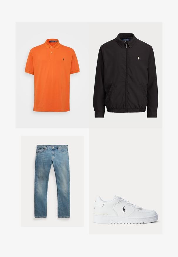 Casaco preto com fecho zip, com colarinho clássico, punhos e bainha elásticos, apresentando um pequeno logótipo bordado no bolso esquerdo do peito.; Polo Ralph Lauren Big & Tall THE ICONIC MESH POLO SHIRT - Polo - college orange; Jeans de denim azul claro com corte reto, fecho de botão, cinco bolsos, desbotamento subtil epontos de costura.; Sapatilha atlética branca com parte superior em couro texturizado, biqueira redonda, atacadores planos e um logótipo preto na lateral. Sola de borracha com padrão de tração.
