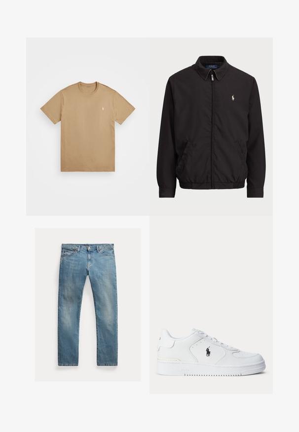Casaco preto com fecho zip, com colarinho clássico, punhos e bainha elásticos, apresentando um pequeno logótipo bordado no bolso esquerdo do peito.; T-shirt de algodão cáqui com decote redondo, mangas curtas, apresentando um pequeno logótipo bordado no lado esquerdo do peito. Textura suave, design básico.; Jeans de denim azul claro com corte reto, fecho de botão, cinco bolsos, desbotamento subtil epontos de costura.; Sapatilha atlética branca com parte superior em couro texturizado, biqueira redonda, atacadores planos e um logótipo preto na lateral. Sola de borracha com padrão de tração.