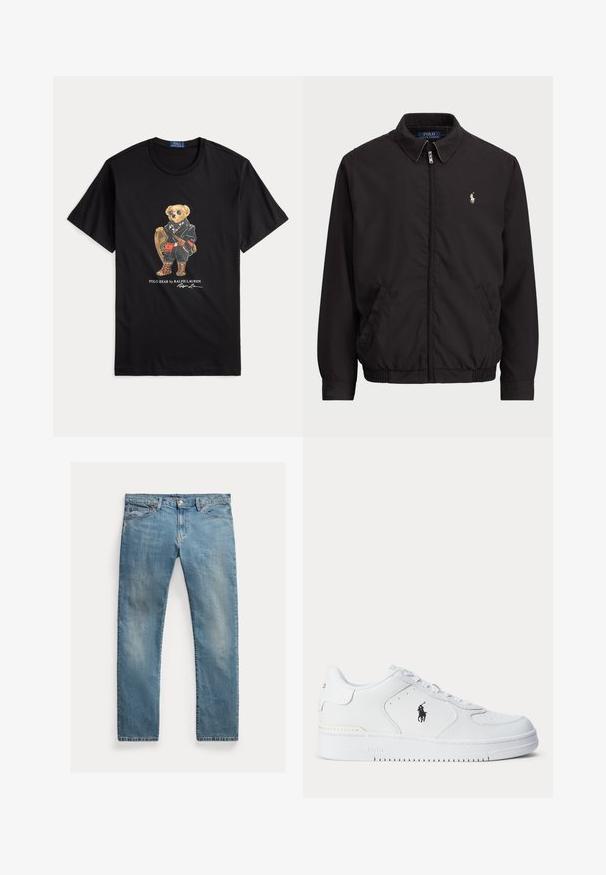Czarna kurtka zapinana na zamek błyskawiczny z klasycznym kołnierzem, elastycznymi mankietami i dołem, z małym haftowanym logo na lewej kieszeni na klatce piersiowej.; Czarny bawełniany t-shirt z stylizowaną ilustracją niedźwiedzia w kurtce i okularach przeciwsłonecznych, trzymającego rakietę śnieżną, z napisem poniżej.; Jasnoniebieskie dżinsy o prostym kroju, zapinane na guziki, z pięcioma kieszeniami, delikatnym wypłowieniem i przeszyciami.; Biały sportowy but z fakturowaną skórzaną cholewką, okrągłym noskiem, płaskimi sznurowadłami oraz czarnym logo po boku. Gumowa podeszwa z wzorem bieżnika.