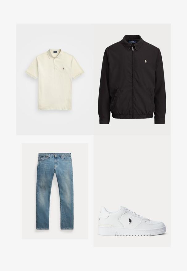 Čierna zipsová bunda s klasickým golierom, elastickými manžetami a leme, s malým vyšitým logom na ľavej náprsnej vrecku.; Polo Ralph Lauren Big & Tall SOFT COTTON POLO SHIRT - Polokošeľa - parchment cream; Svetlomodré riflové nohavice s rovnými nohavicami, zapínanie na gombíky, päť vreciek, jemné vyblednutie a akcenty v šití.; Biela športová obuv s textúrovaným koženým zvrškom, guľatou špičkou, plochými šnúrkami a čiernym logom na boku. Gumená podrážka s trakčným vzorom.