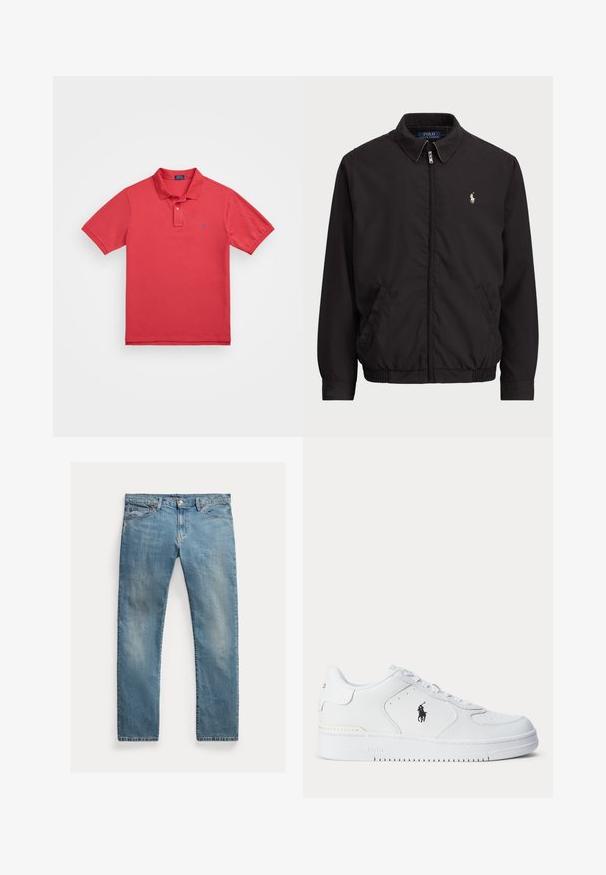 Svart zip-jacka med klassisk krage, elastiska ärmslut och nederkant, med en liten broderad logotyp på vänster bröstficka.; Röd bomullspiké med korta ärmar, två-knapps knäppning och en liten blå logotyp på vänster bröst. Slät textur, klassisk passform.; Ljusblå denimjeans med rak passform, knäppning med knapp, fem fickor, subtila blekningar och sömnadsdetaljer.; Vitt sportskor med strukturerad läderöverdel, rund tå, platta snören och en svart logotyp på sidan. Gummisula med mönster för grepp.