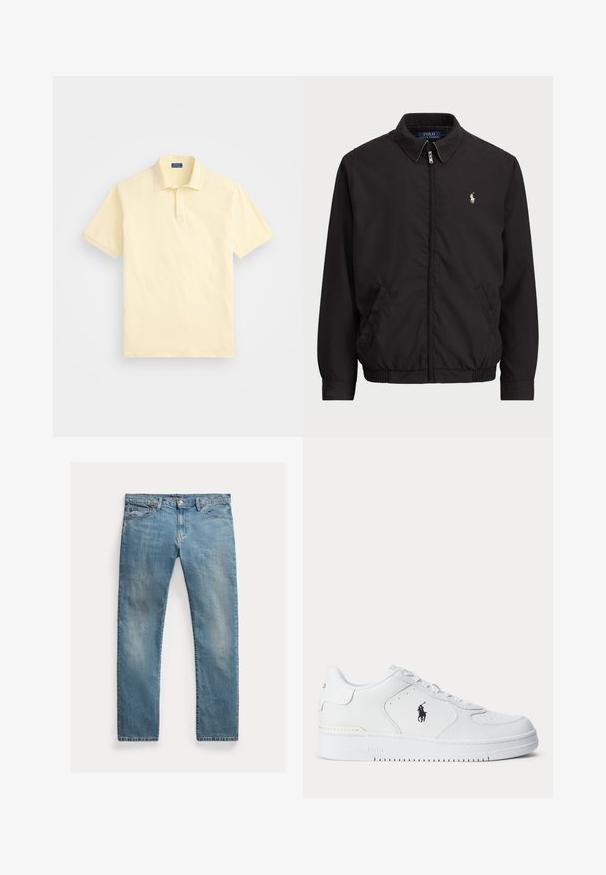 Čierna zipsová bunda s klasickým golierom, elastickými manžetami a leme, s malým vyšitým logom na ľavej náprsnej vrecku.; Polo tričko svetložltej farby, krátke rukávy, bavlnená látka, klasický golier, jemné logo na hrudi, kontrastné lemovanie goliera.; Svetlomodré riflové nohavice s rovnými nohavicami, zapínanie na gombíky, päť vreciek, jemné vyblednutie a akcenty v šití.; Biela športová obuv s textúrovaným koženým zvrškom, guľatou špičkou, plochými šnúrkami a čiernym logom na boku. Gumená podrážka s trakčným vzorom.