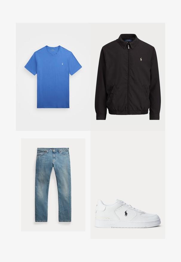 Juodas zip-up džemperis su klasikiniu apykakle, elastingomis rankogaliais ir apačia, su mažuoju siuvinėtu logotipu kairiajame krūtinės kišenėje.; Mėlynas medvilninis marškinėlis su apvalia iškirpte, trumpomis rankovėmis ir mažuoju išsiuvinėtu logotipu ant kairiojo krūtinės. Lygi tekstūra, kasdieniškas dizainas.; Šviesiai mėlynos džinsinės kelnės su tiesia kirpimu, mygtukų užsegimu, penkiais kišenėmis, švelnia nublukimu ir siūlų akcentais.; Balti sportiniai batai su tekstūruota odine viršutine dalimi, apvalia nosimi, plokščia raištelių sistema ir juodu logotipu šone. Guminis padas su sukibimo raštu.