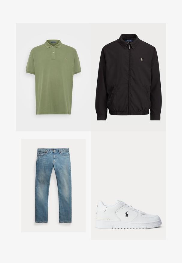 Crna zip-up jakna s klasičnom kragnom, elastičnim manžetama i donjim rubom, sa malim izvezenim logom na levoj strani džepa.; Polo Ralph Lauren Big & Tall THE ICONIC MESH POLO SHIRT - Polo majica - garden trail; Svijetloplave traperice ravnog kroja, s dugmadi na zatvaranju, pet džepova, suptilnim izblijeđenjem i naglascima u šivanju.; Bijela sportska cipela s gornjim dijelom od teksturirane kože, okruglim vrhom, ravnim vezicama i crnim logotipom sa strane. Gumeni potplat s uzorkom za prianjanje.