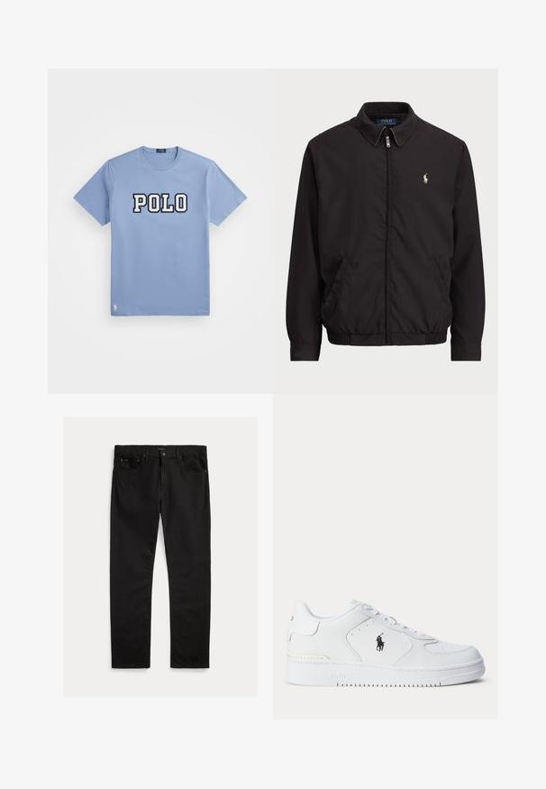 Casaco preto com fecho zip, com colarinho clássico, punhos e bainha elásticos, apresentando um pequeno logótipo bordado no bolso esquerdo do peito.; Camiseta de algodão azul claro com decote redondo, apresentando um grande logotipo "POLO" em branco e azul-marinho, com um pequeno detalhe do logotipo na bainha.; Jeans de ganga pretos com corte de perna reta, design de cinco bolsos e textura subtil. Detalhe de fecho com botão de metal e abertura com fecho de correr.; Sapatilha atlética branca com parte superior em couro texturizado, biqueira redonda, atacadores planos e um logótipo preto na lateral. Sola de borracha com padrão de tração.