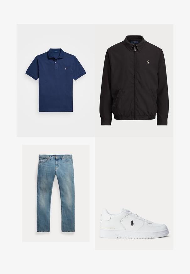 Melna aizdare uz rāvējslēdzēja jaka ar klasisku apkakli, elastīgiem piedurknēm un apakšmalu, ar mazu izšuvumu kreisajā krūšu kabatā.; Tums zila polo krekls, izgatavots no kokvilnas, ar divu pogu apģērbu, īsām piedurknēm un nelielu izšūtu logo kreisajā krūtī.; Gai zilu denima bikses ar taisnu griezumu, pogu aizdari, piecām kabatām, mazu izbalējumu un piktošu akcentu.; Balts sporta apavu ar teksturētu ādas augšu, apaļu purngalu, plakaniem auklām un melnu logotipu sānos. Gumijas zolīte ar saķeres rakstu.