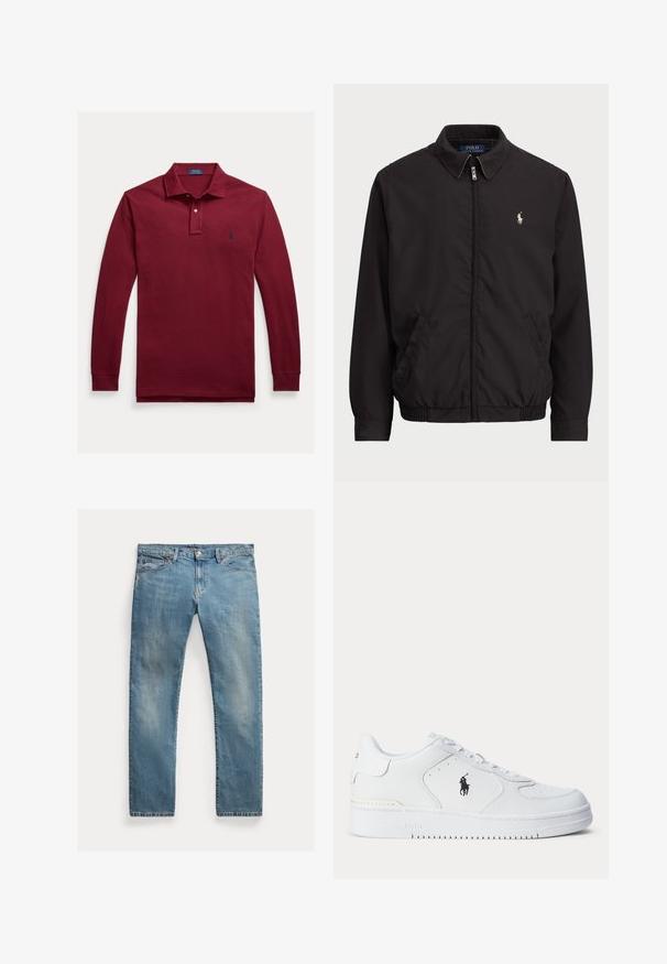 Juodas zip-up džemperis su klasikiniu apykakle, elastingomis rankogaliais ir apačia, su mažuoju siuvinėtu logotipu kairiajame krūtinės kišenėje.; Polo Ralph Lauren Big & Tall LONG SLEEVE POLO SHIRT - Polo marškinėliai - vintage port heather; Šviesiai mėlynos džinsinės kelnės su tiesia kirpimu, mygtukų užsegimu, penkiais kišenėmis, švelnia nublukimu ir siūlų akcentais.; Balti sportiniai batai su tekstūruota odine viršutine dalimi, apvalia nosimi, plokščia raištelių sistema ir juodu logotipu šone. Guminis padas su sukibimo raštu.