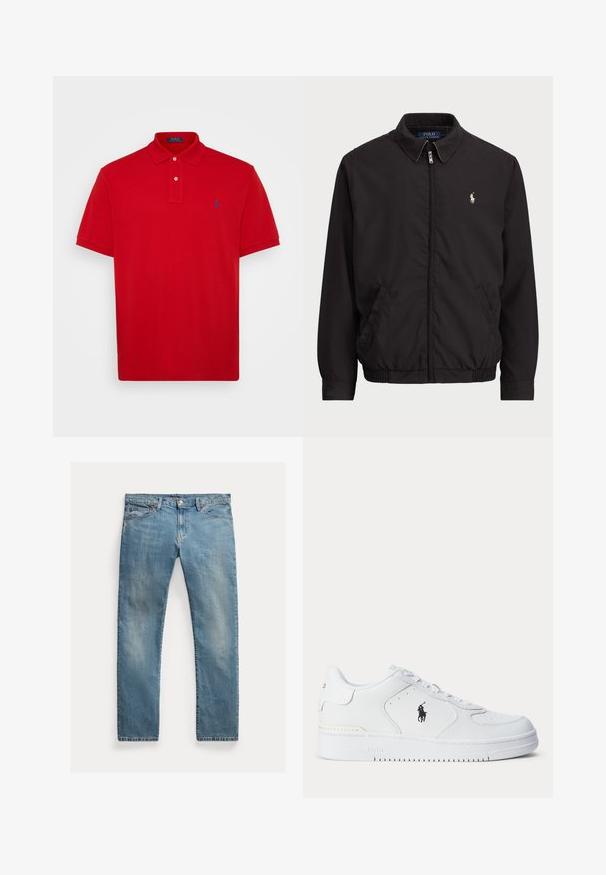 Czarna kurtka zapinana na zamek błyskawiczny z klasycznym kołnierzem, elastycznymi mankietami i dołem, z małym haftowanym logo na lewej kieszeni na klatce piersiowej.; Polo Ralph Lauren Big & Tall - Koszulka polo; Jasnoniebieskie dżinsy o prostym kroju, zapinane na guziki, z pięcioma kieszeniami, delikatnym wypłowieniem i przeszyciami.; Biały sportowy but z fakturowaną skórzaną cholewką, okrągłym noskiem, płaskimi sznurowadłami oraz czarnym logo po boku. Gumowa podeszwa z wzorem bieżnika.