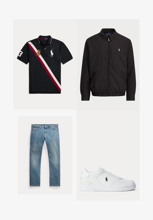 Svart zip-up jakke med klassisk krage, elastiske mansjetter og hem, med liten brodert logo på venstre brystlomme.; Sort polotrøye med en diagonal rød og hvit stripe, brodert logo med en krone og "20," samt stort hvitt nummer "3" på ermet.; Lyseblå denimjeans med rett snitt, glidelås med knapper, fem lommer, subtil falming og stikningsdetaljer.; Hvit sportsko med teksturert skinnoverdel, rund tå, flate lisser og en svart logo på siden. Gummisåle med mønster for grep.