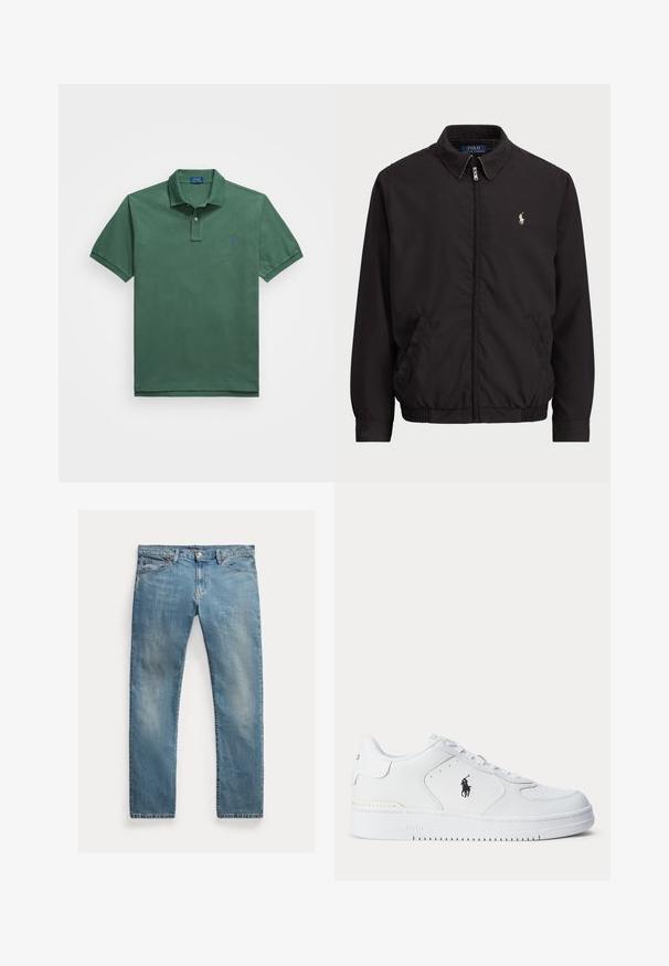 Melna aizdare uz rāvējslēdzēja jaka ar klasisku apkakli, elastīgiem piedurknēm un apakšmalu, ar mazu izšuvumu kreisajā krūšu kabatā.; Zaļš polo krekls ar klasisku apkakli, īsām piedurknēm un mazu zilu logotipu kreisajā krūtīs. Izgatavots no gludas kokvilnas auduma.; Gai zilu denima bikses ar taisnu griezumu, pogu aizdari, piecām kabatām, mazu izbalējumu un piktošu akcentu.; Balts sporta apavu ar teksturētu ādas augšu, apaļu purngalu, plakaniem auklām un melnu logotipu sānos. Gumijas zolīte ar saķeres rakstu.
