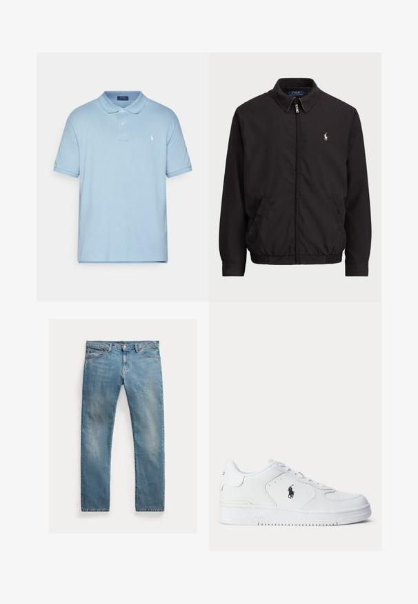 Crna zip-up jakna s klasičnom kragnom, elastičnim manžetama i donjim rubom, sa malim izvezenim logom na levoj strani džepa.; Polo Ralph Lauren Big & Tall THE ICONIC MESH POLO SHIRT - Polo majica - vessel blue; Svijetloplave traperice ravnog kroja, s dugmadi na zatvaranju, pet džepova, suptilnim izblijeđenjem i naglascima u šivanju.; Bijela sportska cipela s gornjim dijelom od teksturirane kože, okruglim vrhom, ravnim vezicama i crnim logotipom sa strane. Gumeni potplat s uzorkom za prianjanje.