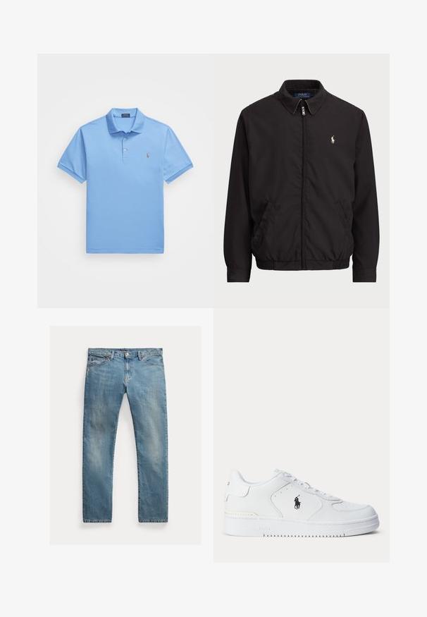 Czarna kurtka zapinana na zamek błyskawiczny z klasycznym kołnierzem, elastycznymi mankietami i dołem, z małym haftowanym logo na lewej kieszeni na klatce piersiowej.; Jasnoniebieska koszulka polo z bawełny, z trzema guzikami, krótkimi rękawami oraz małym wyhaftowanym logo na lewej piersi.; Jasnoniebieskie dżinsy o prostym kroju, zapinane na guziki, z pięcioma kieszeniami, delikatnym wypłowieniem i przeszyciami.; Biały sportowy but z fakturowaną skórzaną cholewką, okrągłym noskiem, płaskimi sznurowadłami oraz czarnym logo po boku. Gumowa podeszwa z wzorem bieżnika.
