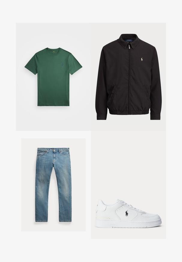Juodas zip-up džemperis su klasikiniu apykakle, elastingomis rankogaliais ir apačia, su mažuoju siuvinėtu logotipu kairiajame krūtinės kišenėje.; Žalias medvilninis marškinėliai su apvalia iškirpte. Savybės: trumpomis rankovėmis ir maža mėlyna logotipu kairėje krūtinės pusėje. Lygus paviršius, klasikinis kirpimas.; Šviesiai mėlynos džinsinės kelnės su tiesia kirpimu, mygtukų užsegimu, penkiais kišenėmis, švelnia nublukimu ir siūlų akcentais.; Balti sportiniai batai su tekstūruota odine viršutine dalimi, apvalia nosimi, plokščia raištelių sistema ir juodu logotipu šone. Guminis padas su sukibimo raštu.