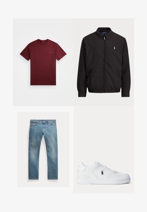 Svart zip-up jakke med klassisk krage, elastiske mansjetter og hem, med liten brodert logo på venstre brystlomme.; Burgunderbomulls t-skjorte med korte ermer, rund hals og en liten grønn logo brodert på venstre bryst. Glatt tekstur.; Lyseblå denimjeans med rett snitt, glidelås med knapper, fem lommer, subtil falming og stikningsdetaljer.; Hvit sportsko med teksturert skinnoverdel, rund tå, flate lisser og en svart logo på siden. Gummisåle med mønster for grep.