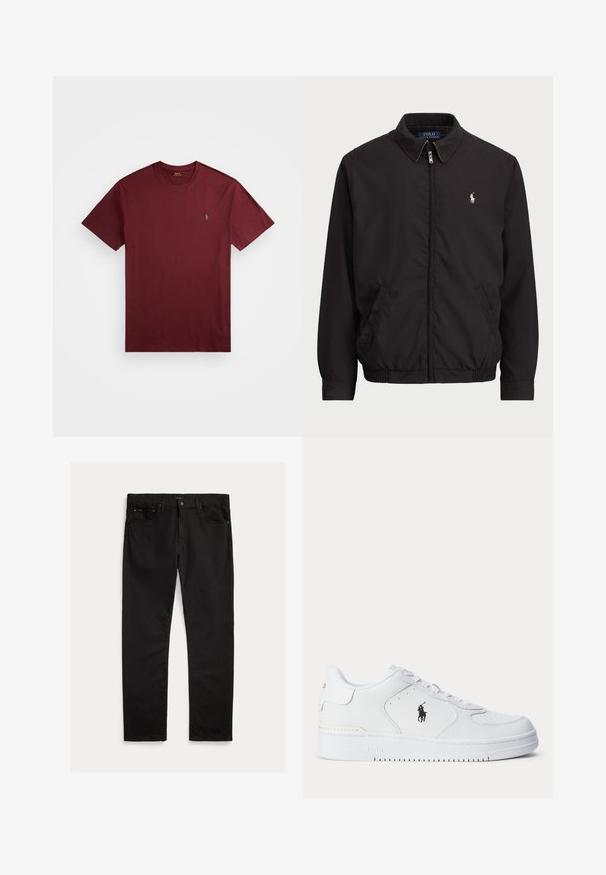 Casaco preto com fecho zip, com colarinho clássico, punhos e bainha elásticos, apresentando um pequeno logótipo bordado no bolso esquerdo do peito.; T-shirt de algodão burgundy com mangas curtas, decote redondo e um pequeno logótipo verde bordado no peito esquerdo. Textura suave.; Jeans de ganga pretos com corte de perna reta, design de cinco bolsos e textura subtil. Detalhe de fecho com botão de metal e abertura com fecho de correr.; Sapatilha atlética branca com parte superior em couro texturizado, biqueira redonda, atacadores planos e um logótipo preto na lateral. Sola de borracha com padrão de tração.