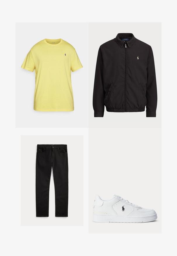 Casaco preto com fecho zip, com colarinho clássico, punhos e bainha elásticos, apresentando um pequeno logótipo bordado no bolso esquerdo do peito.; Polo Ralph Lauren Big & Tall JERSEY CREWNECK T-SHIRT - T-shirt básica - lemon rind; Jeans de ganga pretos com corte de perna reta, design de cinco bolsos e textura subtil. Detalhe de fecho com botão de metal e abertura com fecho de correr.; Sapatilha atlética branca com parte superior em couro texturizado, biqueira redonda, atacadores planos e um logótipo preto na lateral. Sola de borracha com padrão de tração.