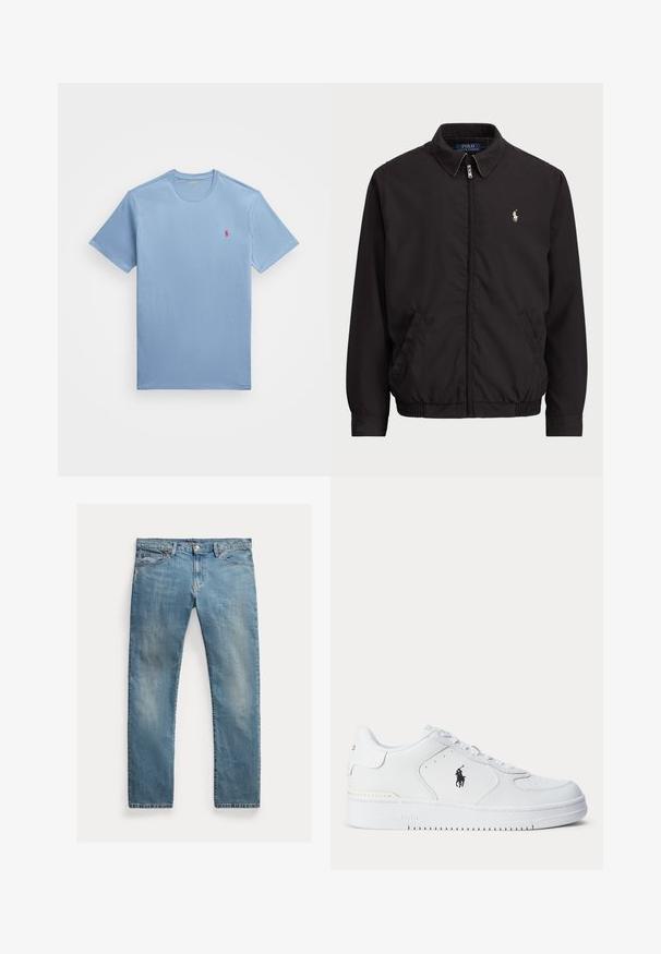 Černá zipová bunda s klasickým límcem, elastickými manžetami a lemem, s malým vyšitým logem na levé kapse.; Světle modré tričko s krátkým rukávem vyrobené z bavlny, s kulatým výstřihem a malým červeným vyšitým logem na levé horní části hrudi.; Světle modré džíny s rovnými nohavicemi, zapínání na knoflíky, pět kapes, jemné vyblednutí a akcenty šití.; Bílá sportovní obuv s texturovaným koženým svrškem, zaoblenou špičkou, plochými tkaničkami a černým logem na boku. Gumová podrážka s protiskluzovým vzorem.