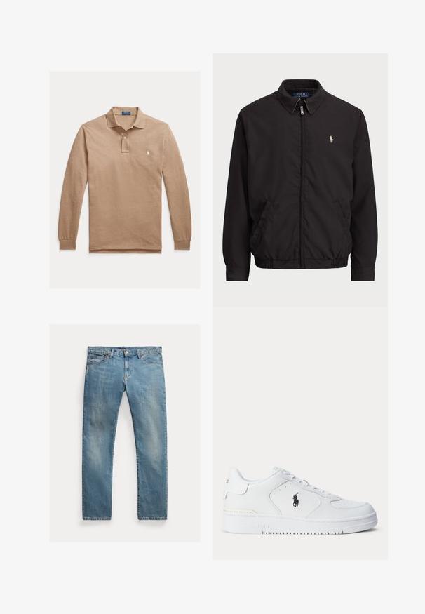 Juodas zip-up džemperis su klasikiniu apykakle, elastingomis rankogaliais ir apačia, su mažuoju siuvinėtu logotipu kairiajame krūtinės kišenėje.; Polo Ralph Lauren Big & Tall LONG SLEEVE POLO SHIRT - Polo marškinėliai - grey cloud heather; Šviesiai mėlynos džinsinės kelnės su tiesia kirpimu, mygtukų užsegimu, penkiais kišenėmis, švelnia nublukimu ir siūlų akcentais.; Balti sportiniai batai su tekstūruota odine viršutine dalimi, apvalia nosimi, plokščia raištelių sistema ir juodu logotipu šone. Guminis padas su sukibimo raštu.