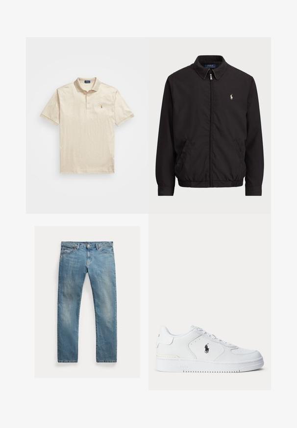 Melna aizdare uz rāvējslēdzēja jaka ar klasisku apkakli, elastīgiem piedurknēm un apakšmalu, ar mazu izšuvumu kreisajā krūšu kabatā.; Bežs polo krekls, kas izgatavots no strukturētas kokvilnas, ar trīs pogu aizdari un īsām piedurknēm. Tam ir neliels logo kreisajā krūtī.; Gai zilu denima bikses ar taisnu griezumu, pogu aizdari, piecām kabatām, mazu izbalējumu un piktošu akcentu.; Balts sporta apavu ar teksturētu ādas augšu, apaļu purngalu, plakaniem auklām un melnu logotipu sānos. Gumijas zolīte ar saķeres rakstu.