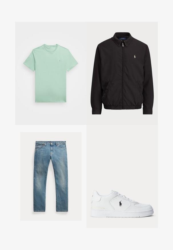 Juodas zip-up džemperis su klasikiniu apykakle, elastingomis rankogaliais ir apačia, su mažuoju siuvinėtu logotipu kairiajame krūtinės kišenėje.; Polo Ralph Lauren Big & Tall JERSEY CREWNECK T-SHIRT - Paprasti marškinėliai - celadon; Šviesiai mėlynos džinsinės kelnės su tiesia kirpimu, mygtukų užsegimu, penkiais kišenėmis, švelnia nublukimu ir siūlų akcentais.; Balti sportiniai batai su tekstūruota odine viršutine dalimi, apvalia nosimi, plokščia raištelių sistema ir juodu logotipu šone. Guminis padas su sukibimo raštu.