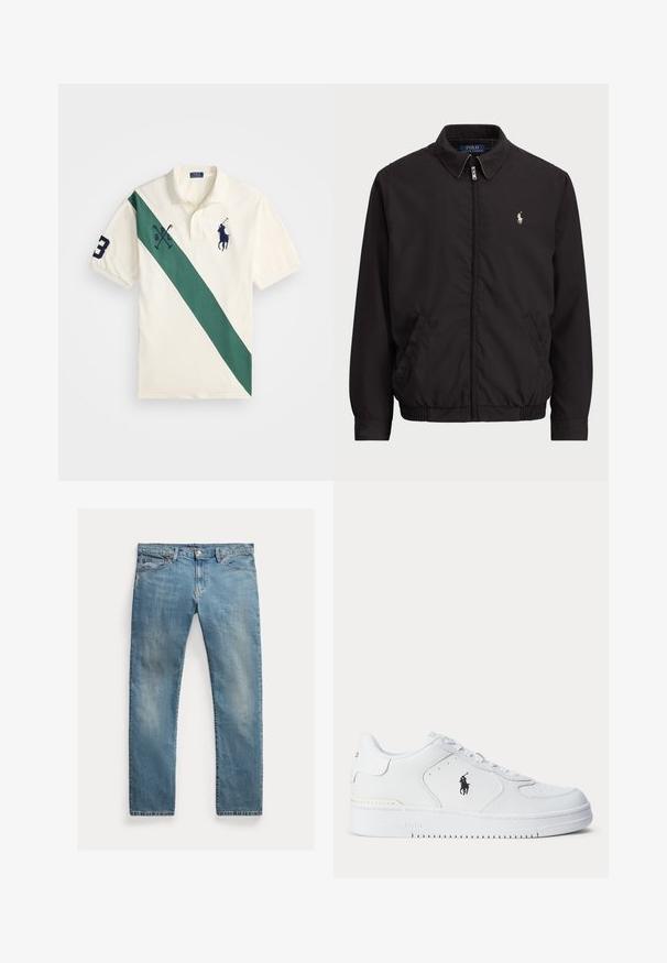 Svart zip-up jakke med klassisk krage, elastiske mansjetter og hem, med liten brodert logo på venstre brystlomme.; Pikéskjorte i kremfarge med en diagonalt grønn stripe, med marineblå broderi av en polo-spiller, "P" logoen og nummer "3" på ermene.; Lyseblå denimjeans med rett snitt, glidelås med knapper, fem lommer, subtil falming og stikningsdetaljer.; Hvit sportsko med teksturert skinnoverdel, rund tå, flate lisser og en svart logo på siden. Gummisåle med mønster for grep.