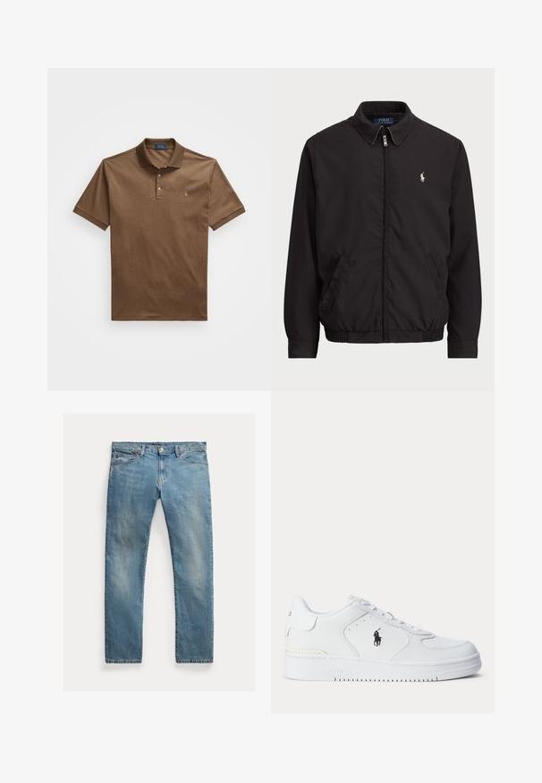 Juodas zip-up džemperis su klasikiniu apykakle, elastingomis rankogaliais ir apačia, su mažuoju siuvinėtu logotipu kairiajame krūtinės kišenėje.; Rudas polo marškinėliai, pagaminti iš minkštos medžiagos, turi apykaklę, du mygtukus, trumpas rankoves ir nedidelį siuvinėtą logotipą krūtinėje.; Šviesiai mėlynos džinsinės kelnės su tiesia kirpimu, mygtukų užsegimu, penkiais kišenėmis, švelnia nublukimu ir siūlų akcentais.; Balti sportiniai batai su tekstūruota odine viršutine dalimi, apvalia nosimi, plokščia raištelių sistema ir juodu logotipu šone. Guminis padas su sukibimo raštu.