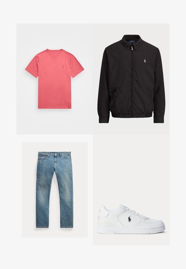 Czarna kurtka zapinana na zamek błyskawiczny z klasycznym kołnierzem, elastycznymi mankietami i dołem, z małym haftowanym logo na lewej kieszeni na klatce piersiowej.; Polo Ralph Lauren Big & Tall - T-shirt basic; Jasnoniebieskie dżinsy o prostym kroju, zapinane na guziki, z pięcioma kieszeniami, delikatnym wypłowieniem i przeszyciami.; Biały sportowy but z fakturowaną skórzaną cholewką, okrągłym noskiem, płaskimi sznurowadłami oraz czarnym logo po boku. Gumowa podeszwa z wzorem bieżnika.
