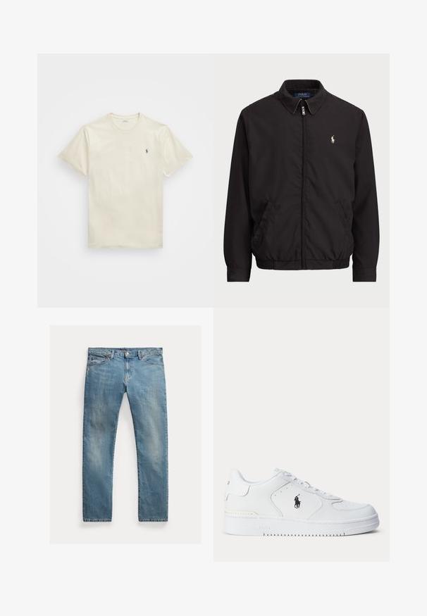 Černá zipová bunda s klasickým límcem, elastickými manžetami a lemem, s malým vyšitým logem na levé kapse.; Polo Ralph Lauren Big & Tall JERSEY CREWNECK T-SHIRT - Jednoduché tričko - herbal milk; Světle modré džíny s rovnými nohavicemi, zapínání na knoflíky, pět kapes, jemné vyblednutí a akcenty šití.; Bílá sportovní obuv s texturovaným koženým svrškem, zaoblenou špičkou, plochými tkaničkami a černým logem na boku. Gumová podrážka s protiskluzovým vzorem.