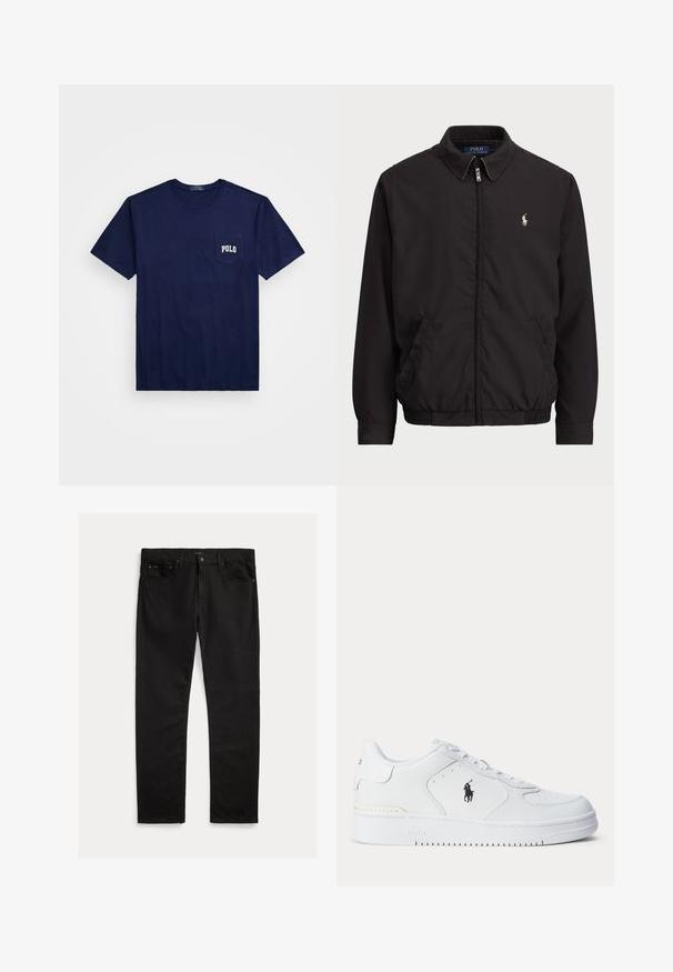Juodas zip-up džemperis su klasikiniu apykakle, elastingomis rankogaliais ir apačia, su mažuoju siuvinėtu logotipu kairiajame krūtinės kišenėje.; Tamsiai mėlynas medvilninis marškinėliai su apvali kaklo iškirpte. Yra kišenė kairėje pusėje, ant kurios spausdinamas užrašas "POLO" balta spalva. Trumpomis rankovėmis.; Juodi džinsai su tiesaus kirpimo kojos, penkių kišenių dizainu ir subtiliu tekstūru. Metalinė sagtys ir užtrauktuko atidarymo detalės.; Balti sportiniai batai su tekstūruota odine viršutine dalimi, apvalia nosimi, plokščia raištelių sistema ir juodu logotipu šone. Guminis padas su sukibimo raštu.