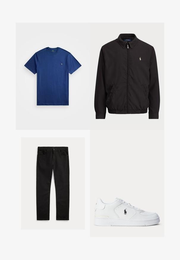 Casaco preto com fecho zip, com colarinho clássico, punhos e bainha elásticos, apresentando um pequeno logótipo bordado no bolso esquerdo do peito.; T-shirt de algodão azul marinho com um clássico decote redondo, mangas curtas e um pequeno logótipo bordado no lado esquerdo do peito. Textura suave.; Jeans de ganga pretos com corte de perna reta, design de cinco bolsos e textura subtil. Detalhe de fecho com botão de metal e abertura com fecho de correr.; Sapatilha atlética branca com parte superior em couro texturizado, biqueira redonda, atacadores planos e um logótipo preto na lateral. Sola de borracha com padrão de tração.