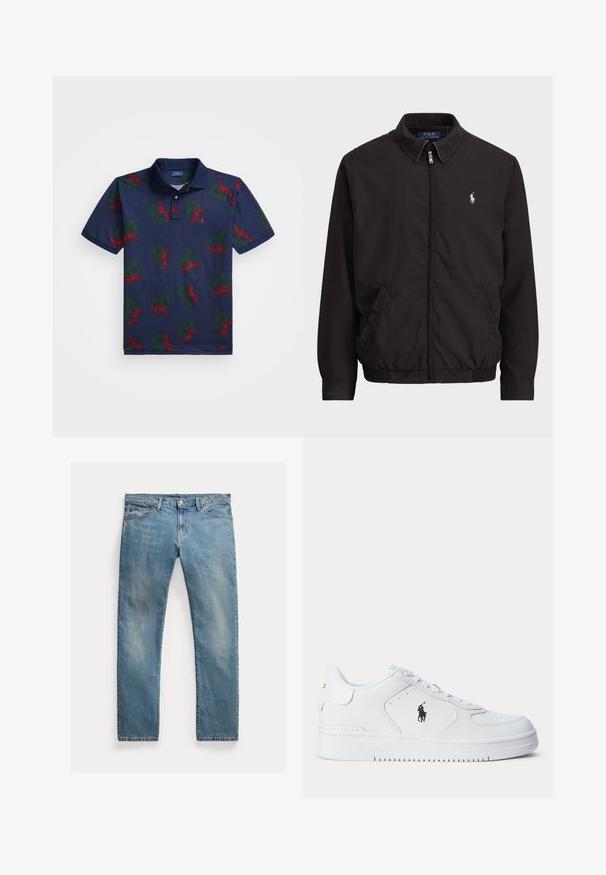 Juodas zip-up džemperis su klasikiniu apykakle, elastingomis rankogaliais ir apačia, su mažuoju siuvinėtu logotipu kairiajame krūtinės kišenėje.; Jūrinės jėgos polo marškiniai su viso paviršiaus raštu, kuriame pavaizduoti raudoni sparnai ir žali raštai „P“, pagaminti iš tekstūruotos medžiagos. Marškiniai turi klasikinį apykaklę ir trijų mygtukų užsegimą.; Šviesiai mėlynos džinsinės kelnės su tiesia kirpimu, mygtukų užsegimu, penkiais kišenėmis, švelnia nublukimu ir siūlų akcentais.; Balti sportiniai batai su tekstūruota odine viršutine dalimi, apvalia nosimi, plokščia raištelių sistema ir juodu logotipu šone. Guminis padas su sukibimo raštu.