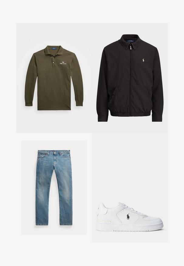 Casaco preto com fecho zip, com colarinho clássico, punhos e bainha elásticos, apresentando um pequeno logótipo bordado no bolso esquerdo do peito.; Polo de manga longa verde olivo, feito de algodão, com colarinho, fila de três botões e logotipo bordado "Polo Ralph Lauren".; Jeans de denim azul claro com corte reto, fecho de botão, cinco bolsos, desbotamento subtil epontos de costura.; Sapatilha atlética branca com parte superior em couro texturizado, biqueira redonda, atacadores planos e um logótipo preto na lateral. Sola de borracha com padrão de tração.